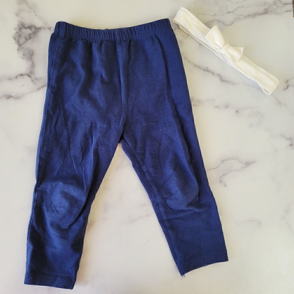18 month navy blue leggings pull on & soft white headbow H&M  2 piece bundle